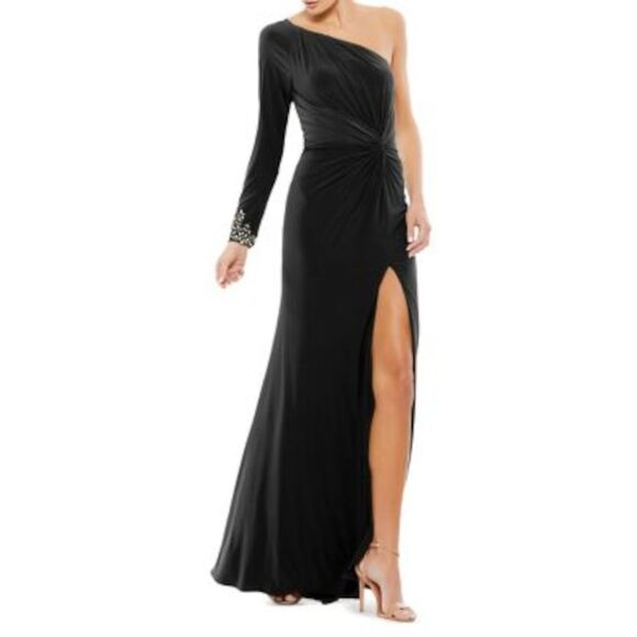 IEENA FOR MAC DUGGAL Dresses & Skirts - IEENA FOR MAC DUGGAL Womens Black Twist Waist High Slit Bead Cuff Dress 8